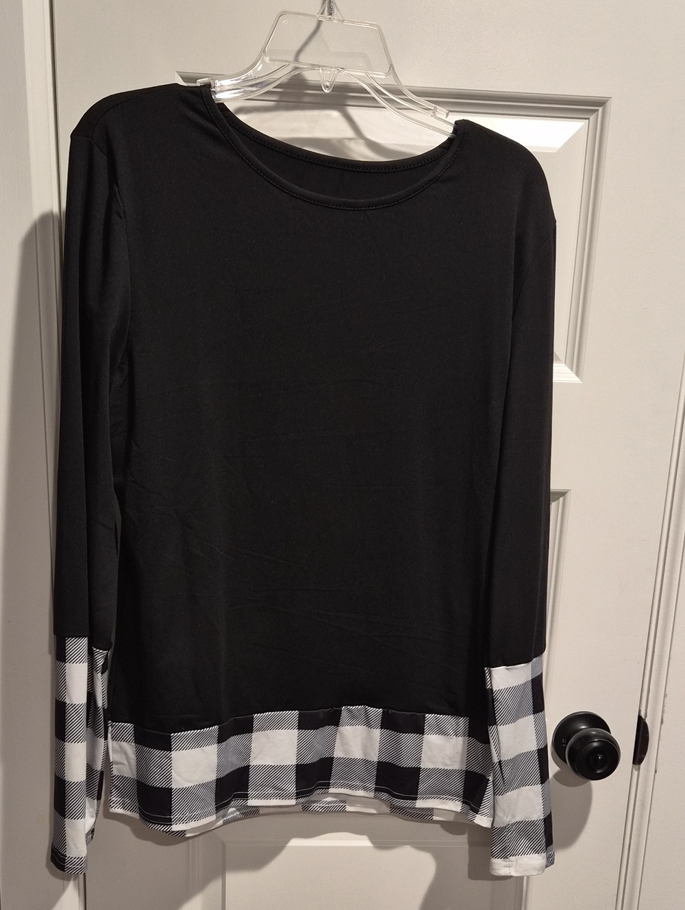 Black Long Sleeve Top with Black & White Gingham Trim